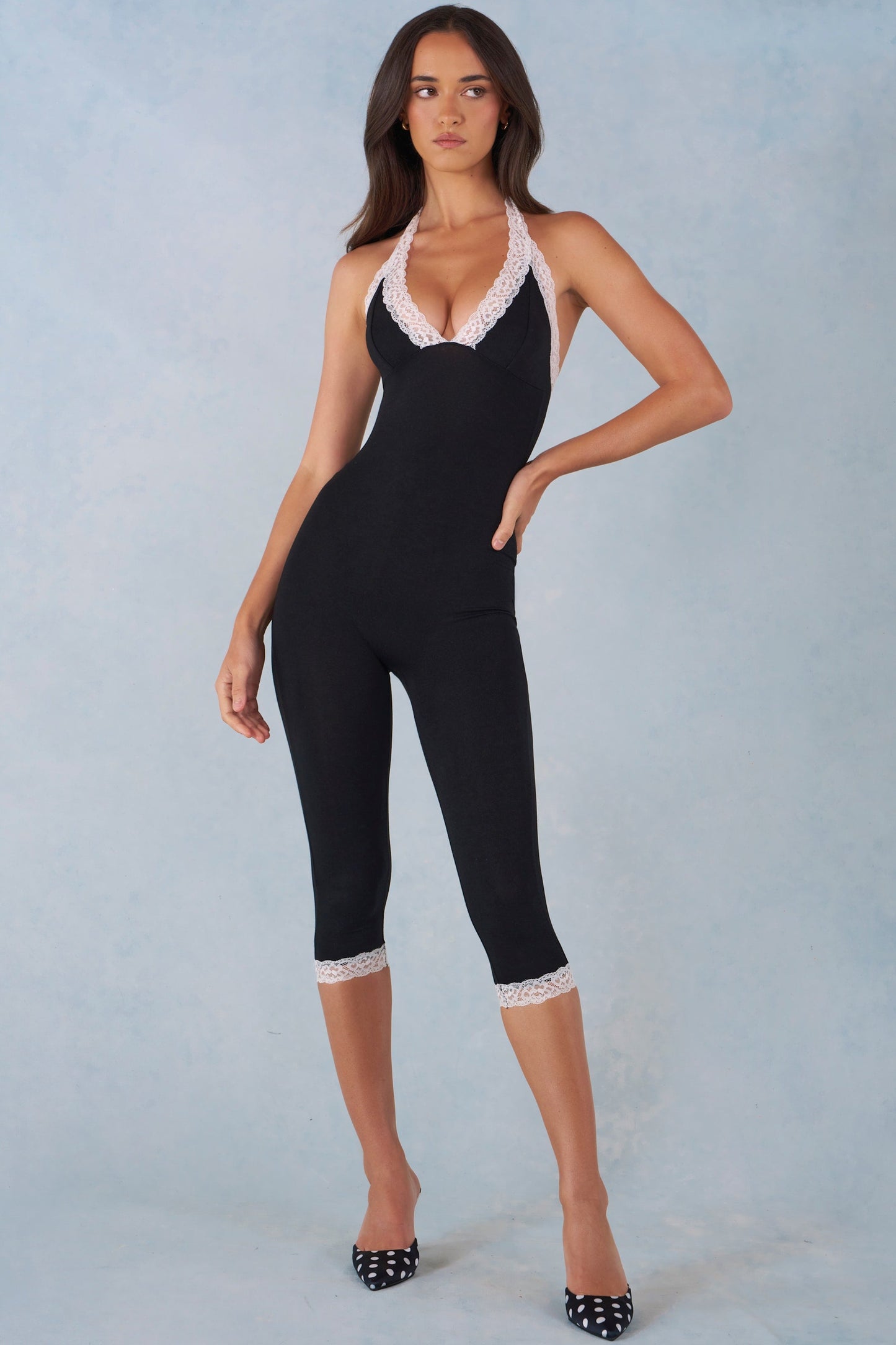Modal Lace-Trim Capri Jumpsuit in Black