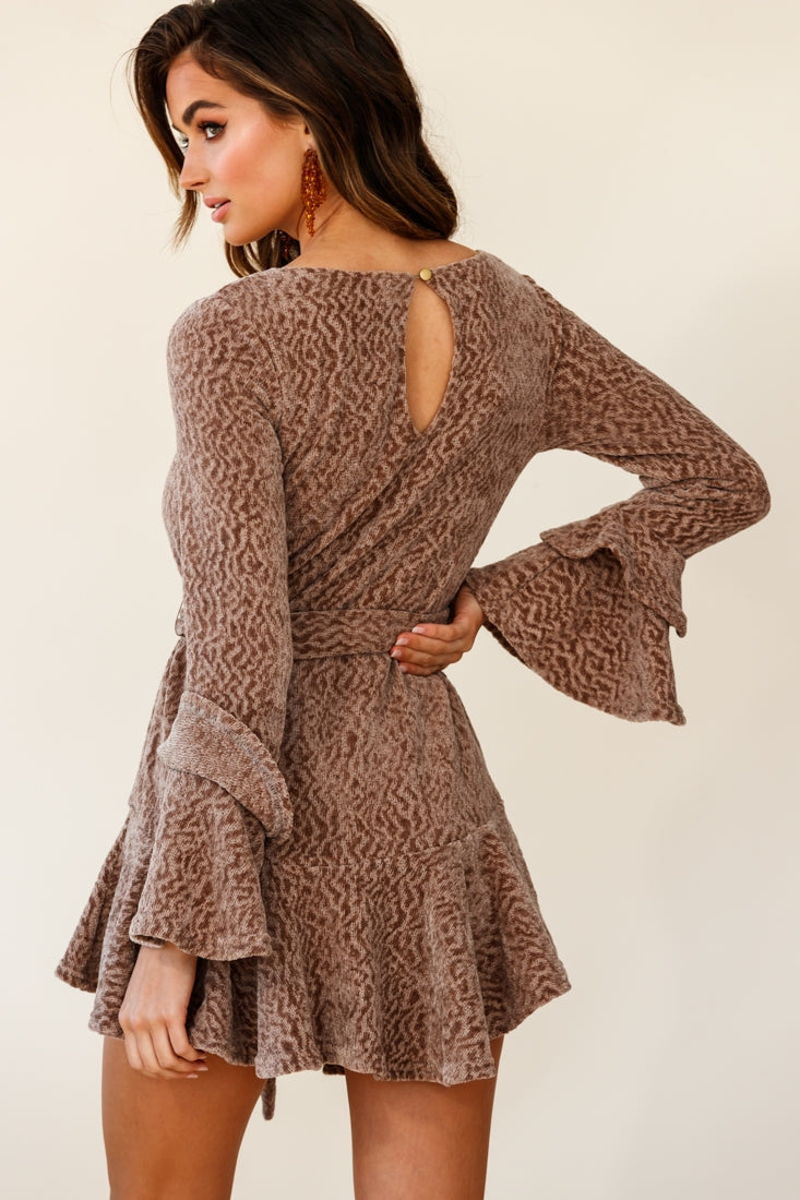 Saphira Long Sleeve Fluted Hem Knit Dress Taupe