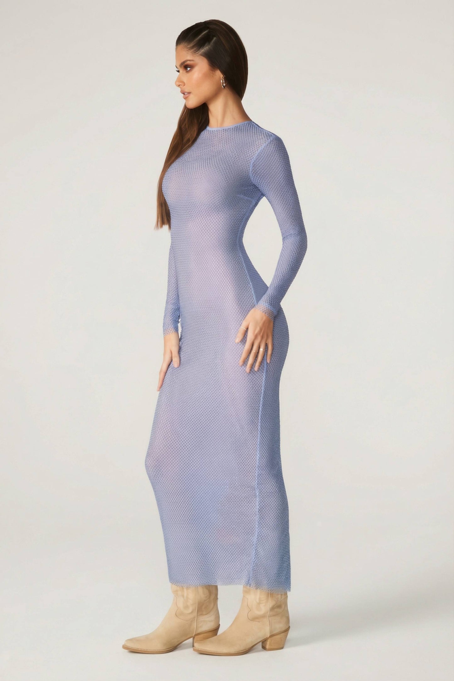 Embellished Long Sleeve Maxi Dress in Blue