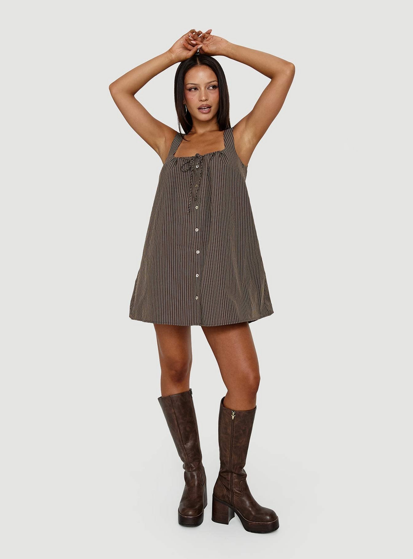 Bambalina Babydoll Mini Dress Brown Stripe
