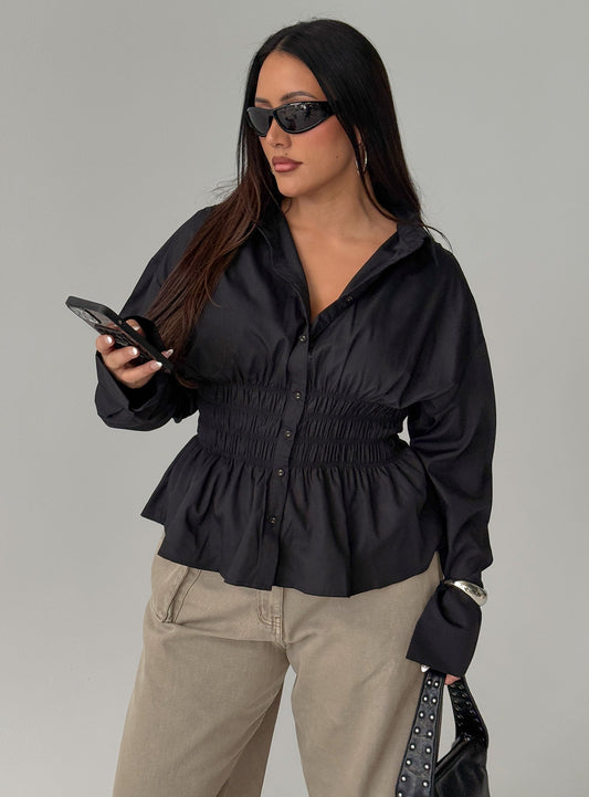 As You Are Shirred Button Up Top Black Curve