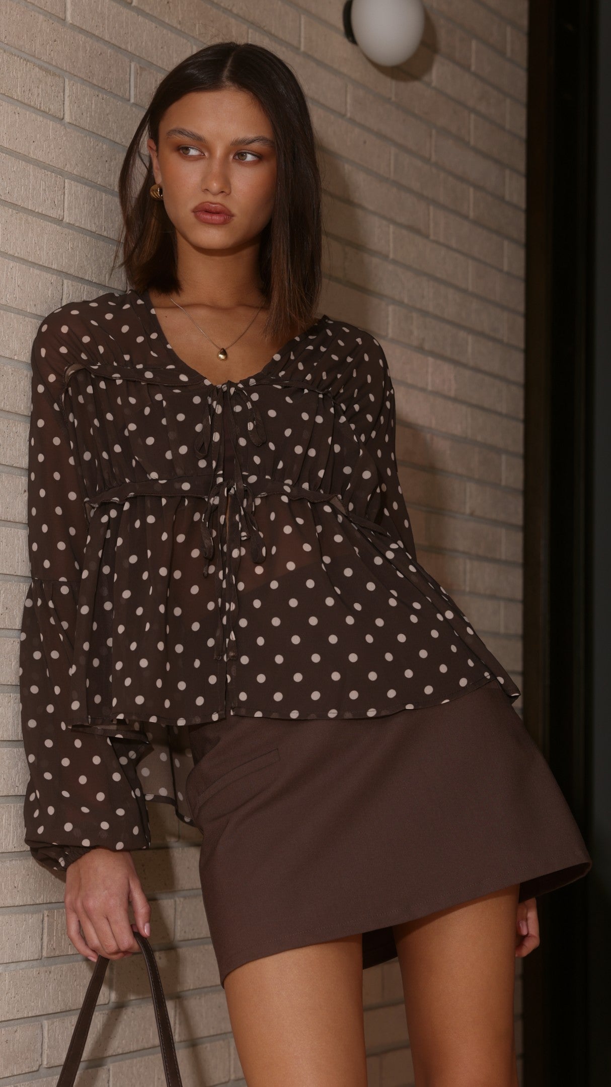 Elke Tie Blouse - Chocolate/White Polka Dot