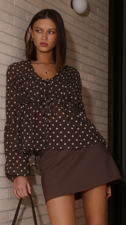 Elke Tie Blouse - Chocolate/White Polka Dot