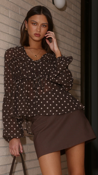 Elke Tie Blouse - Chocolate/White Polka Dot
