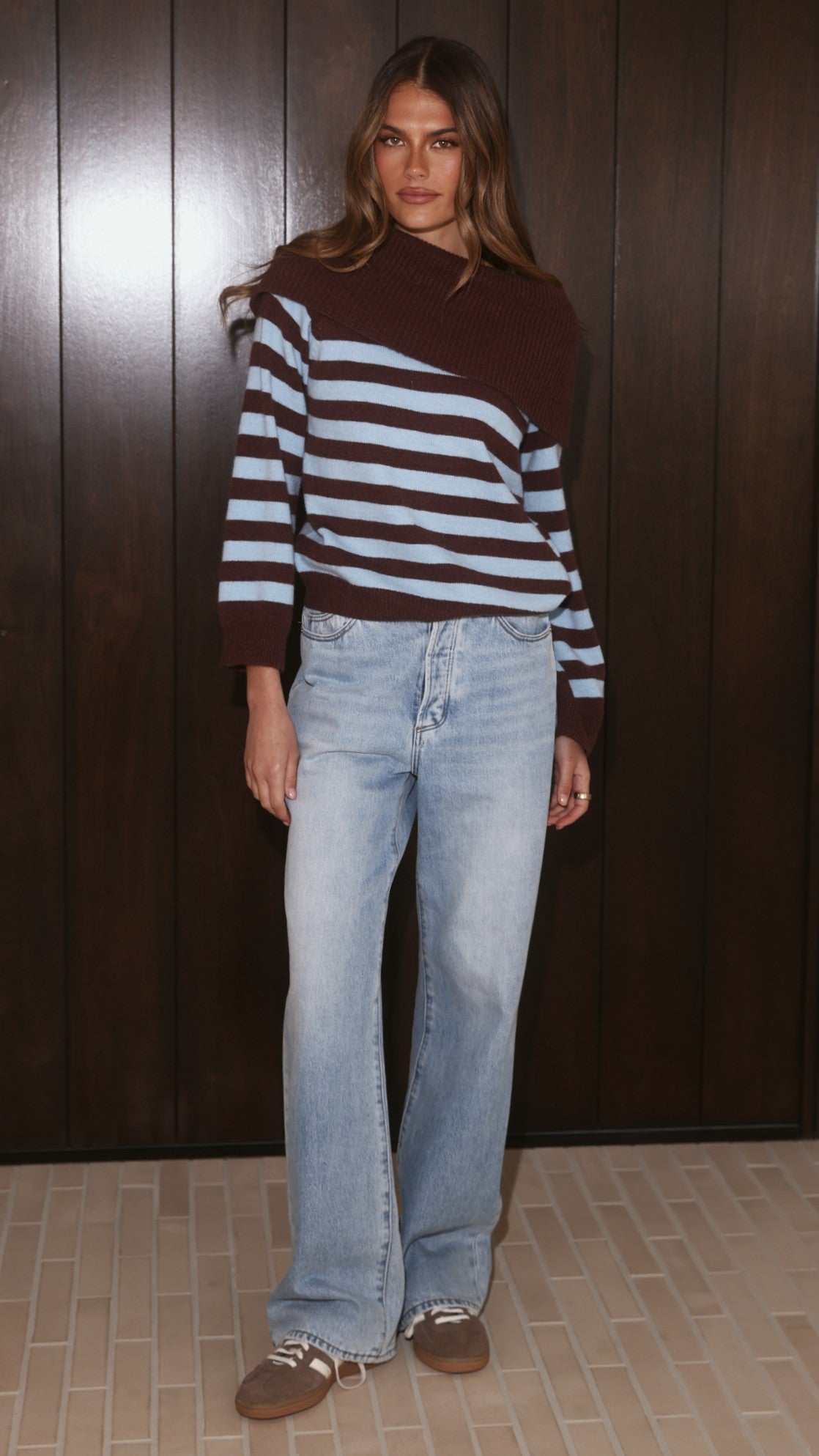 Henna Off Shoulder Knit Sweater - Blue/Chocolate Stripe