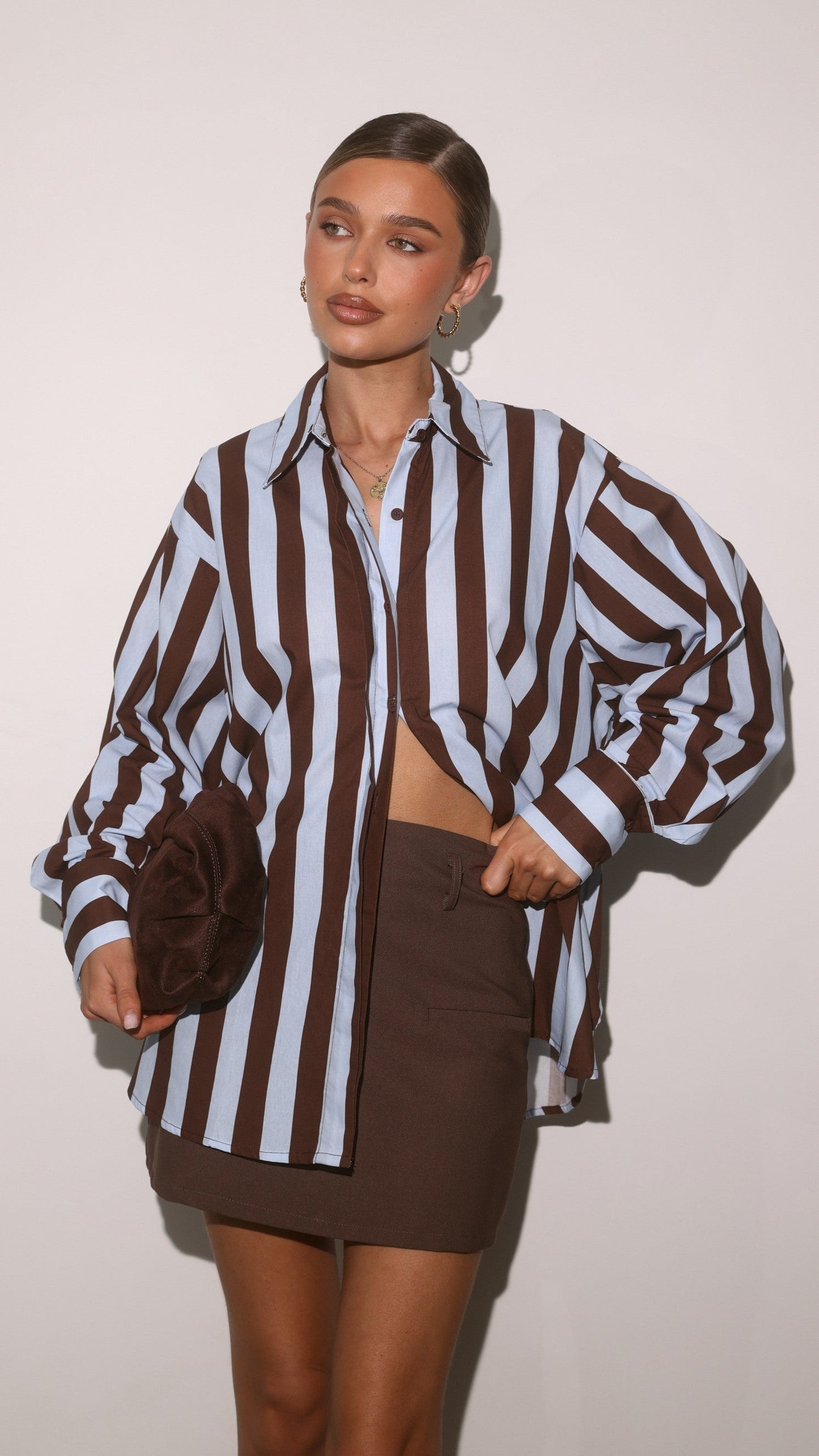 Florabel Button Up Shirt - Chocolate/Blue Stripe