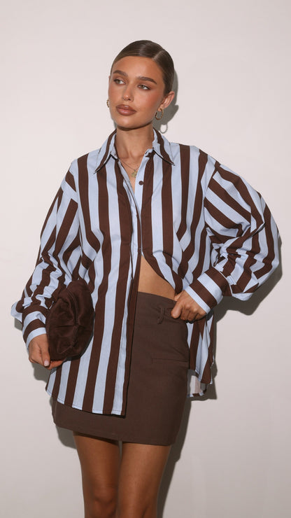 Florabel Button Up Shirt - Chocolate/Blue Stripe