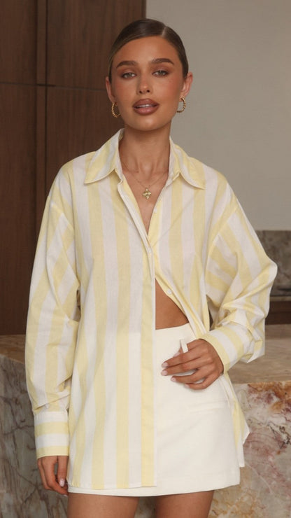 Florabel Button Up Shirt - Yellow/White Stripe