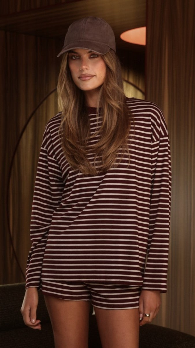 Flossie Long Sleeve Top and Shorts Set - Burgundy/Beige Stripe
