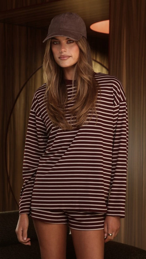 Flossie Long Sleeve Top and Shorts Set - Burgundy/Beige Stripe