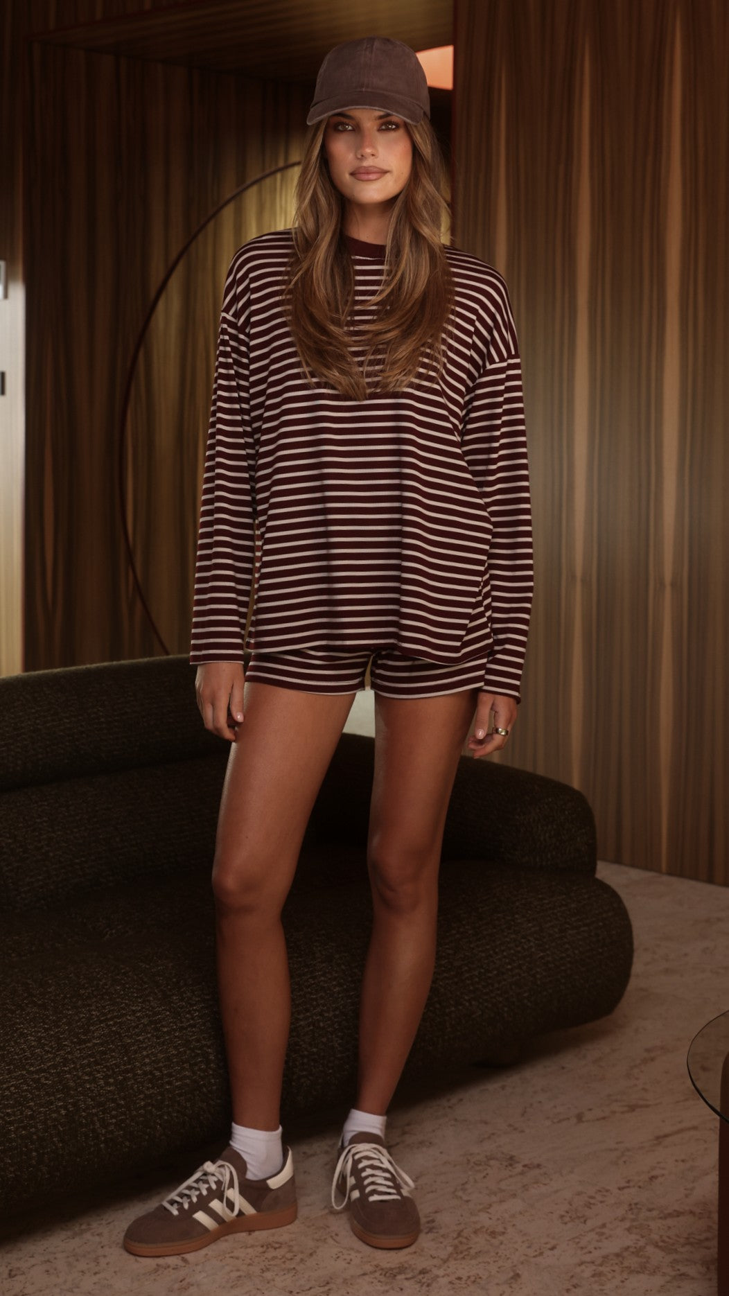 Flossie Long Sleeve Top and Shorts Set - Burgundy/Beige Stripe