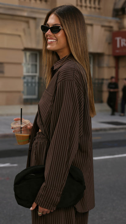 Zaila Long Sleeve Shirt - Chocolate/White Stripe