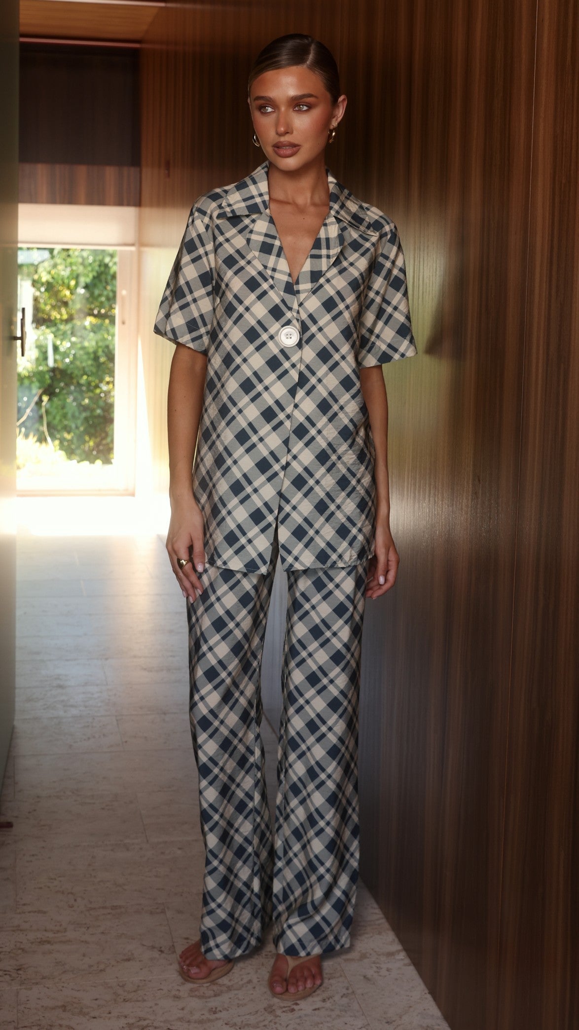 Imogen Button Pants - Blue/Cream Plaid