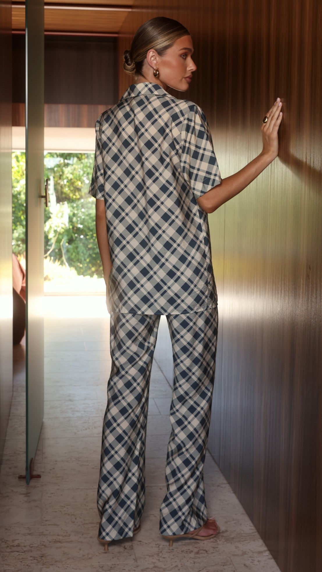 Imogen Button Pants - Blue/Cream Plaid