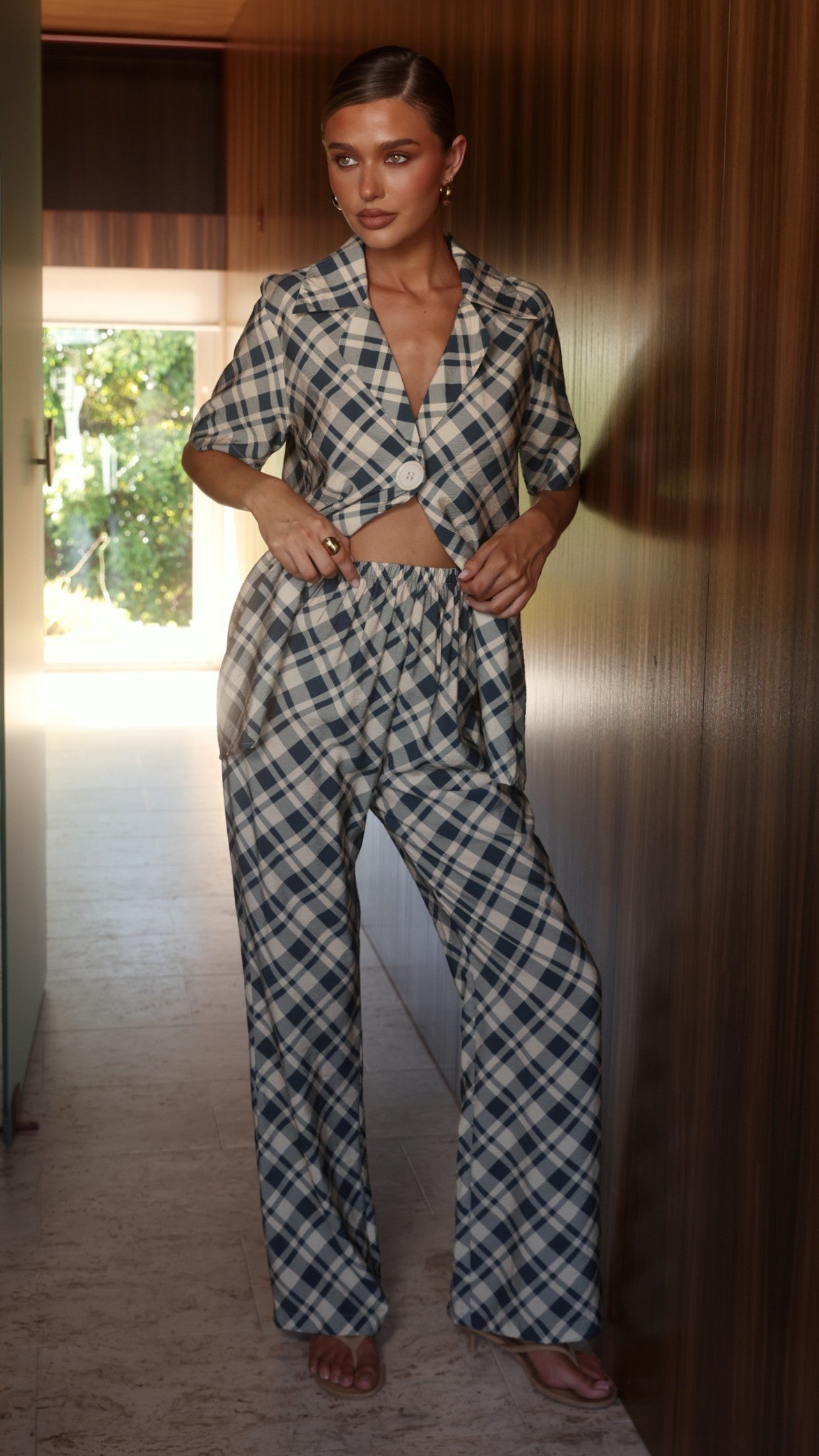 Imogen Button Pants - Blue/Cream Plaid