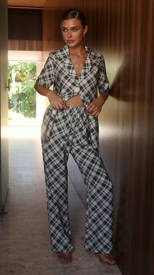 Imogen Button Pants - Blue/Cream Plaid