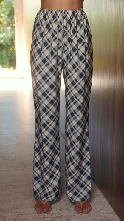 Imogen Button Pants - Blue/Cream Plaid