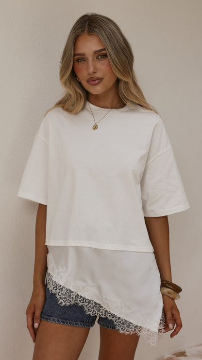 Mirandah Satin Panel T-Shirt - White