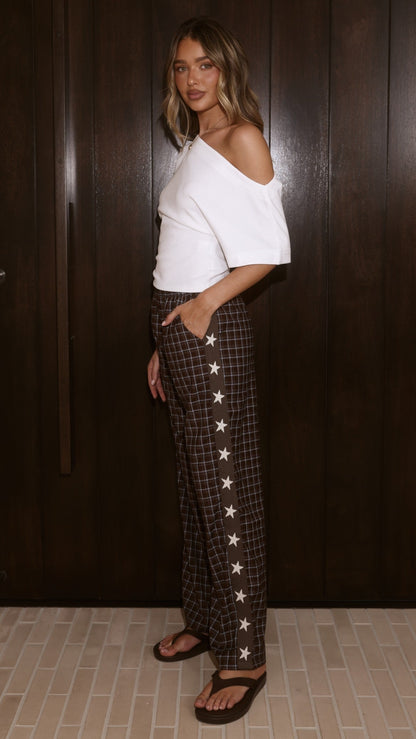Jaycee Pants - Chocolate/Blue Gingham Star