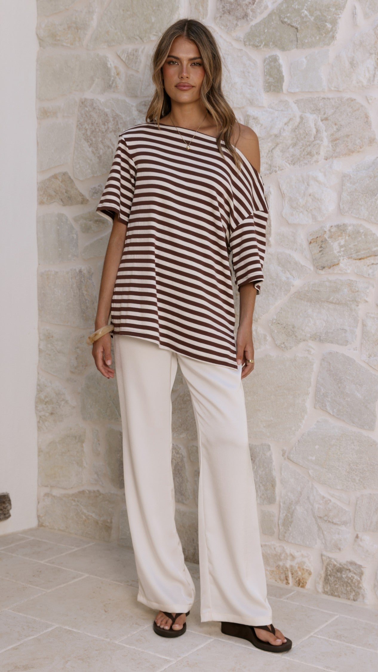 Pia One Shoulder Oversize Tee - Choc/White Stripe