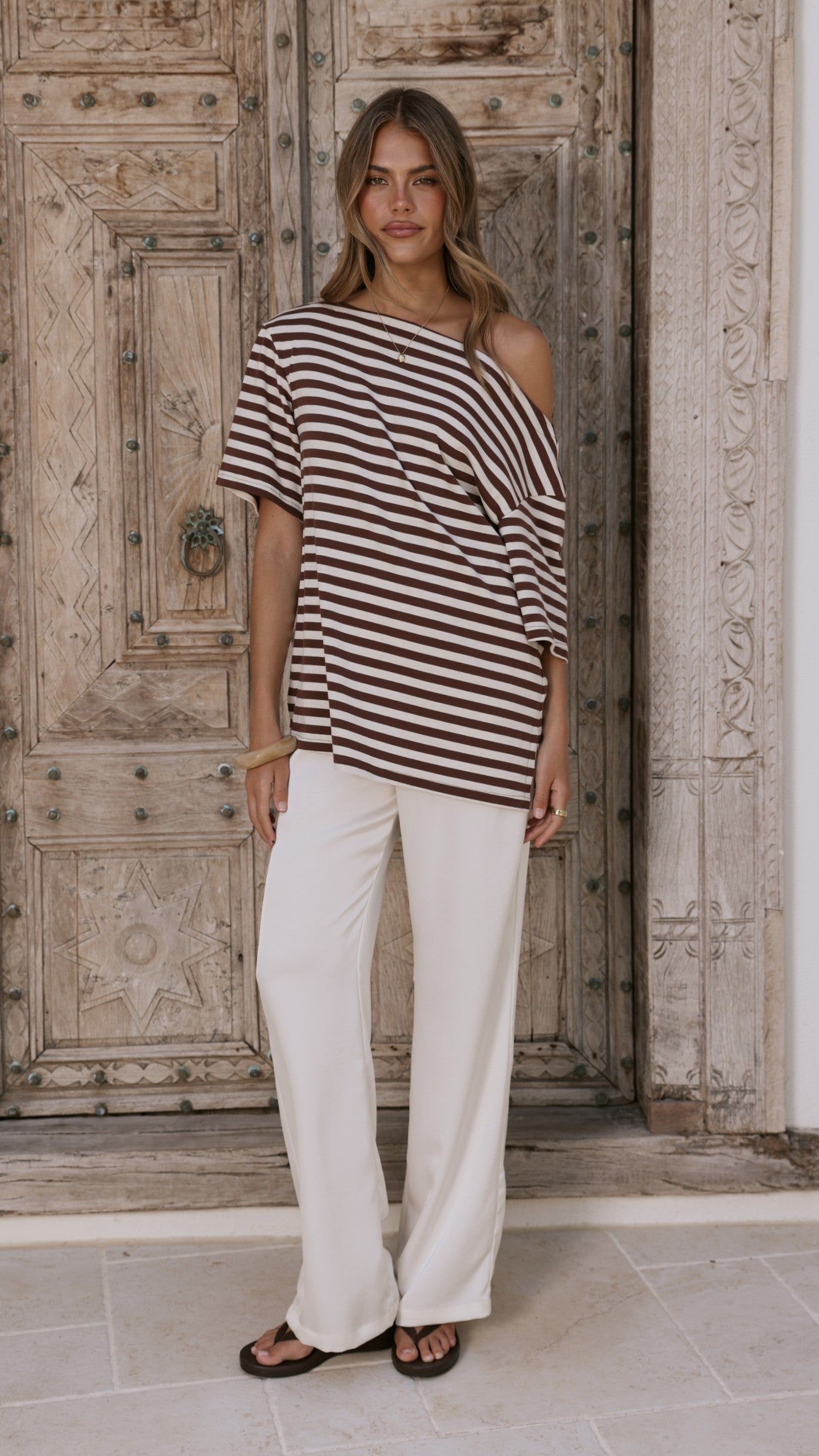 Pia One Shoulder Oversize Tee - Choc/White Stripe