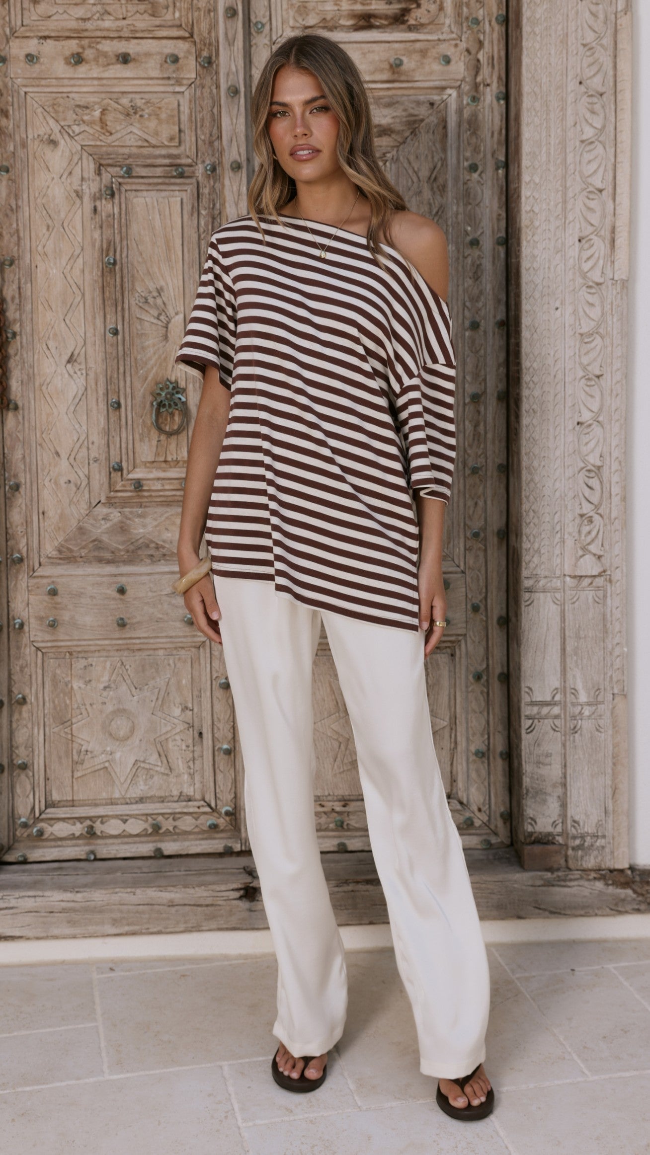 Pia One Shoulder Oversize Tee - Choc/White Stripe