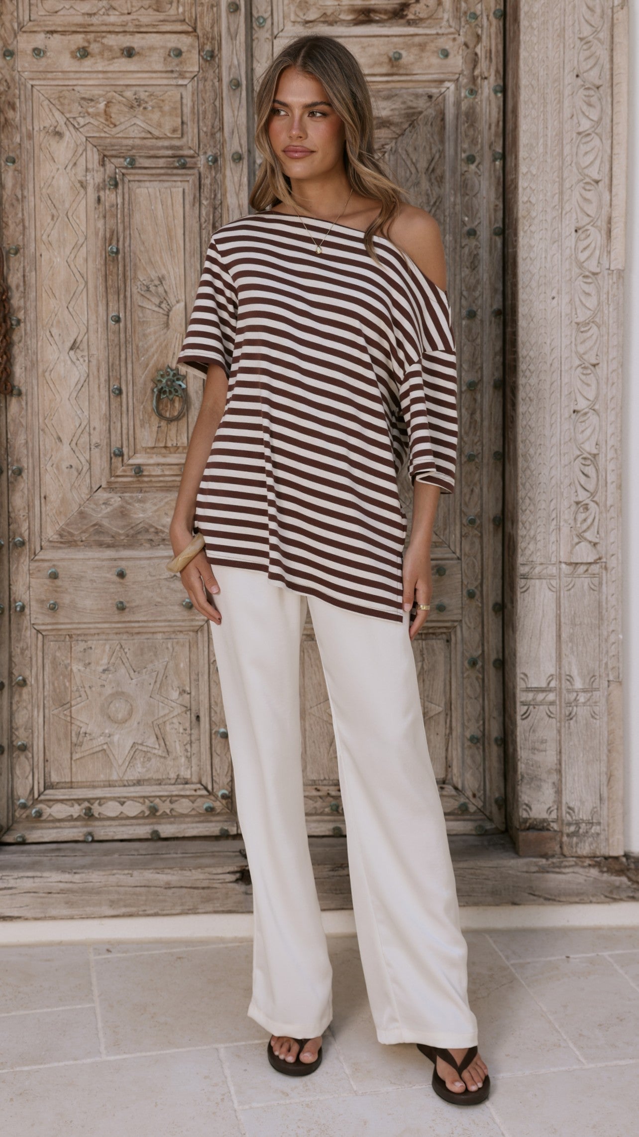 Pia One Shoulder Oversize Tee - Choc/White Stripe
