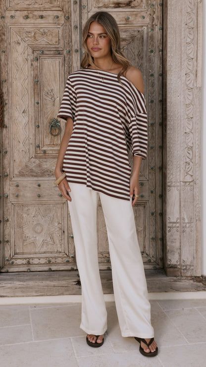 Pia One Shoulder Oversize Tee - Choc/White Stripe