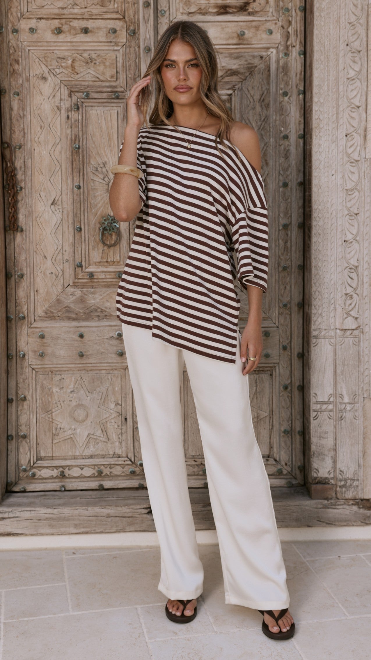 Pia One Shoulder Oversize Tee - Choc/White Stripe