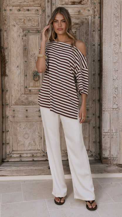 Pia One Shoulder Oversize Tee - Choc/White Stripe