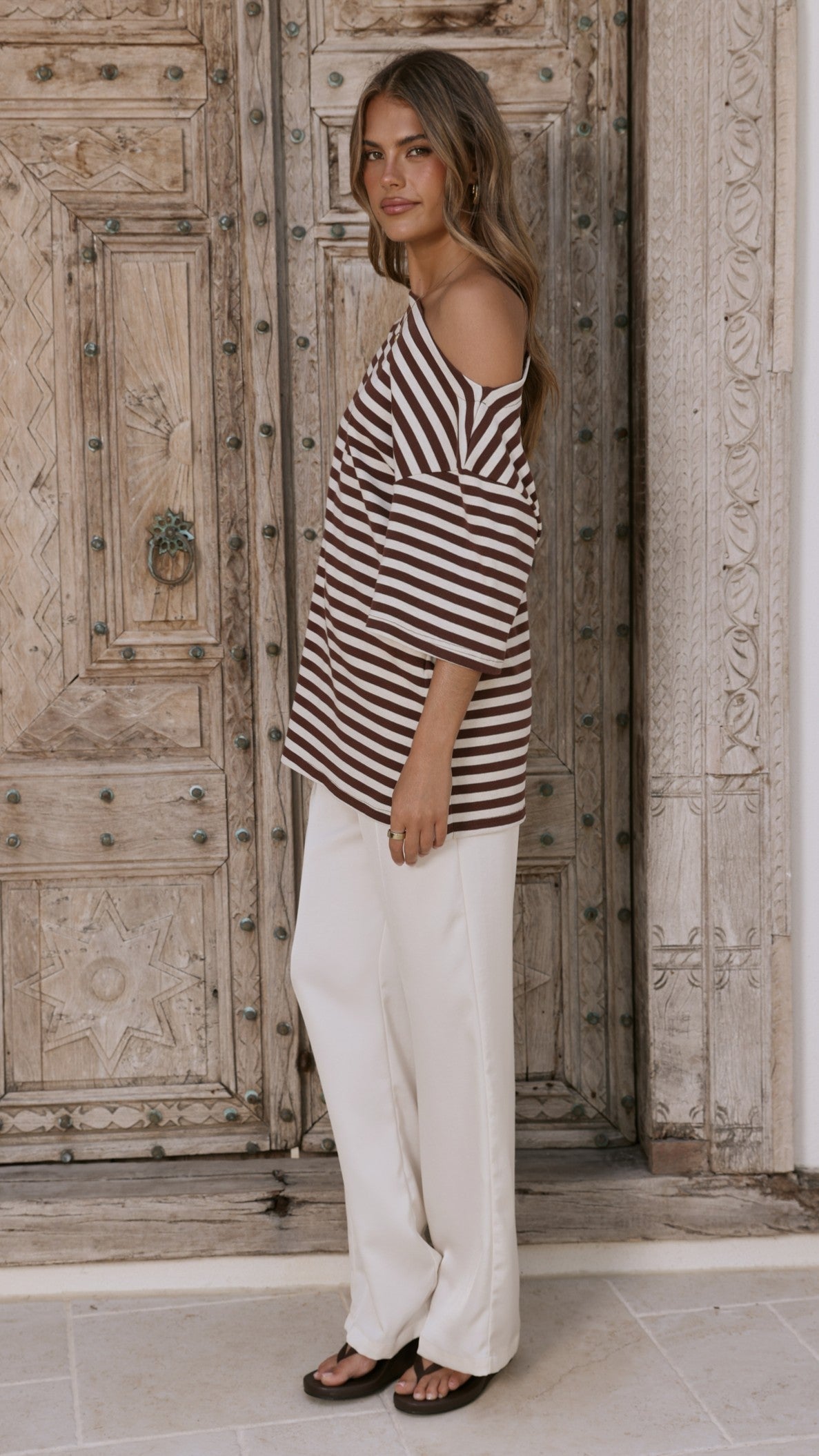 Pia One Shoulder Oversize Tee - Choc/White Stripe