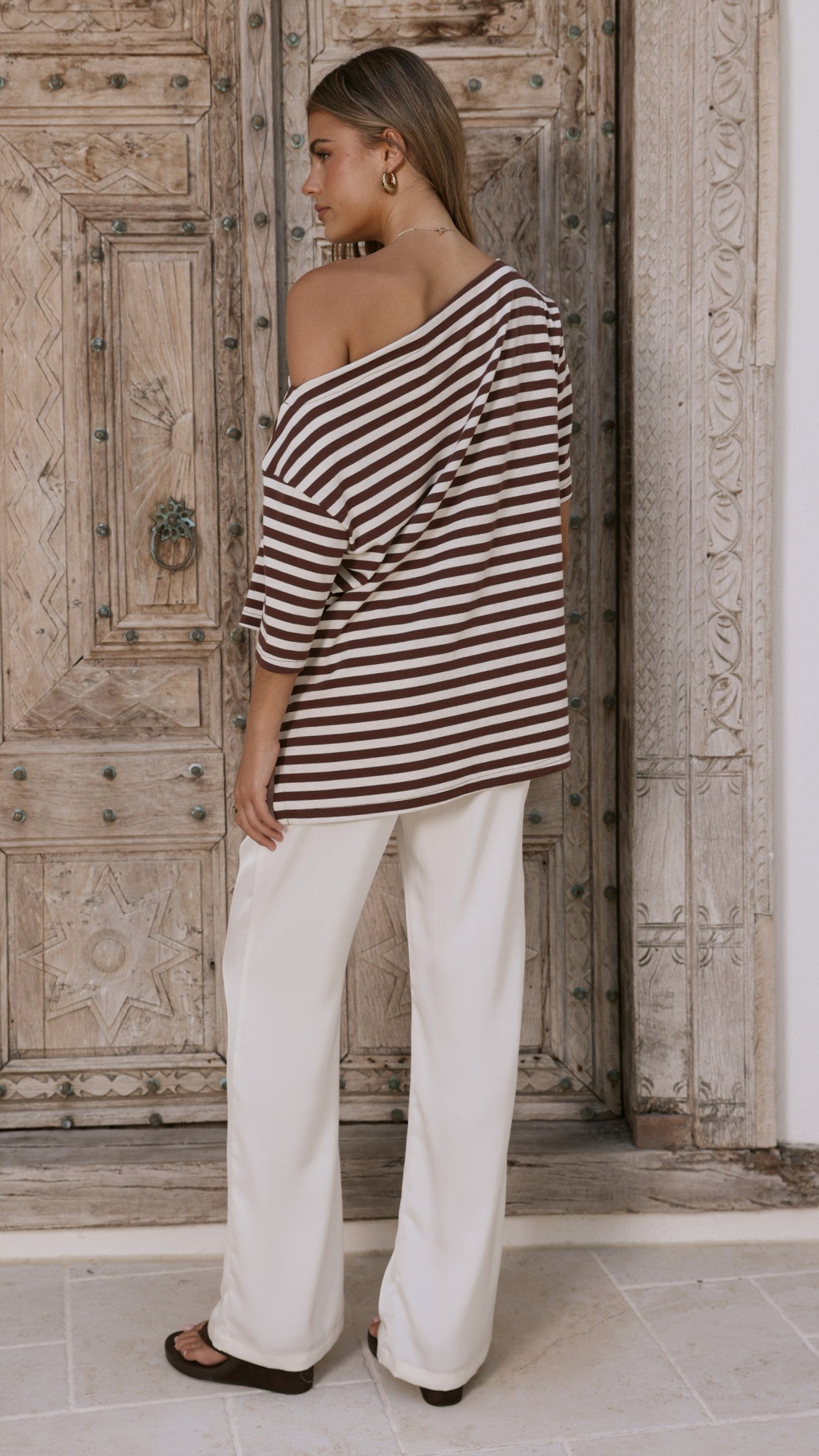 Pia One Shoulder Oversize Tee - Choc/White Stripe