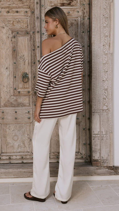 Pia One Shoulder Oversize Tee - Choc/White Stripe