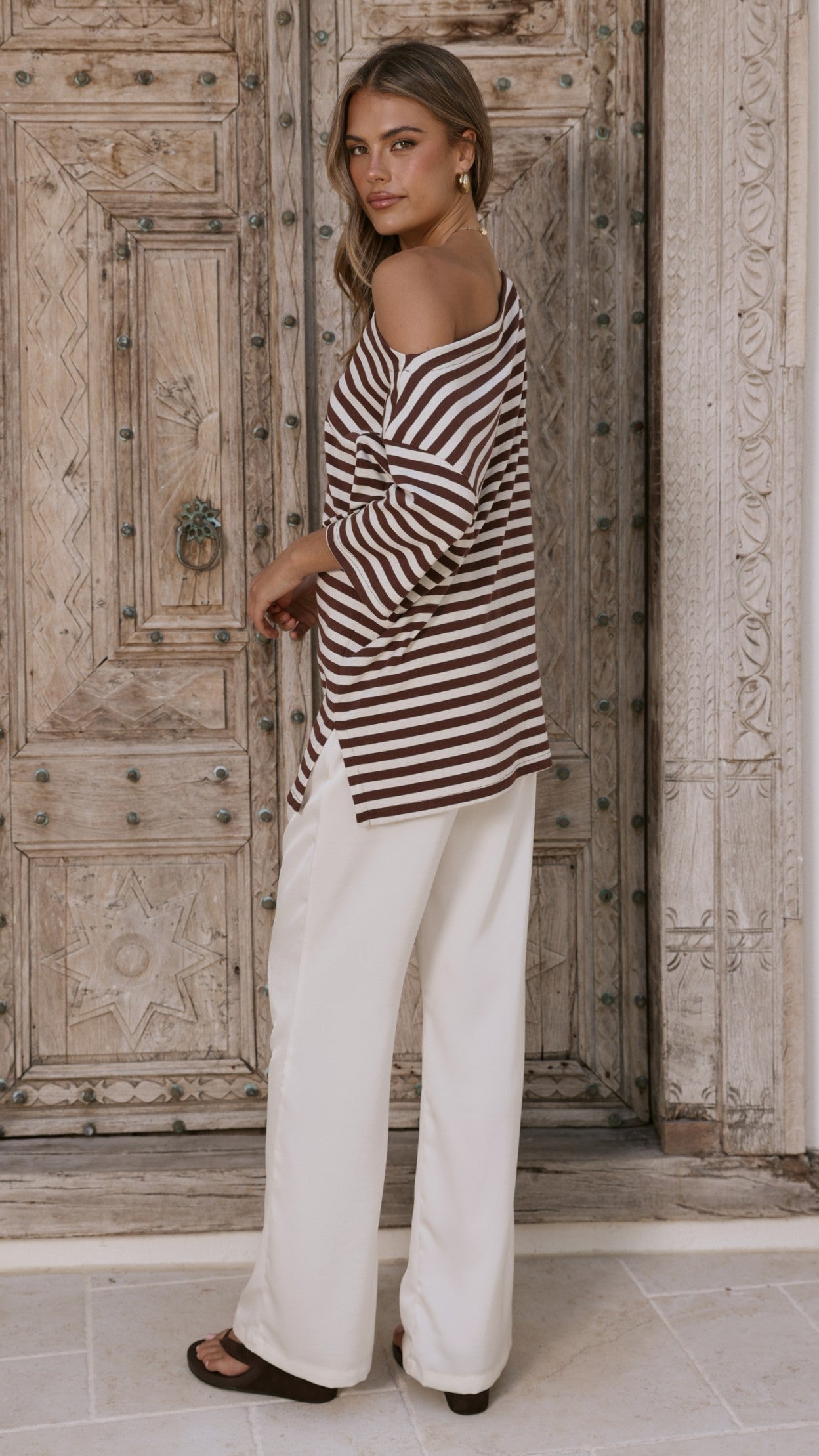 Pia One Shoulder Oversize Tee - Choc/White Stripe