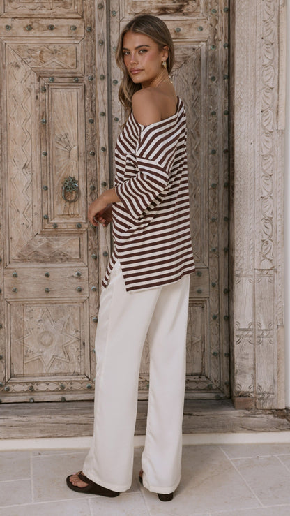 Pia One Shoulder Oversize Tee - Choc/White Stripe