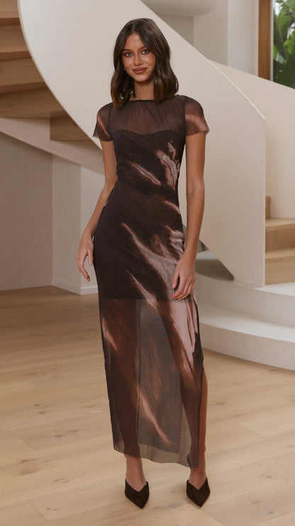 Pia Sheer Maxi Dress - Cocoa Ochre