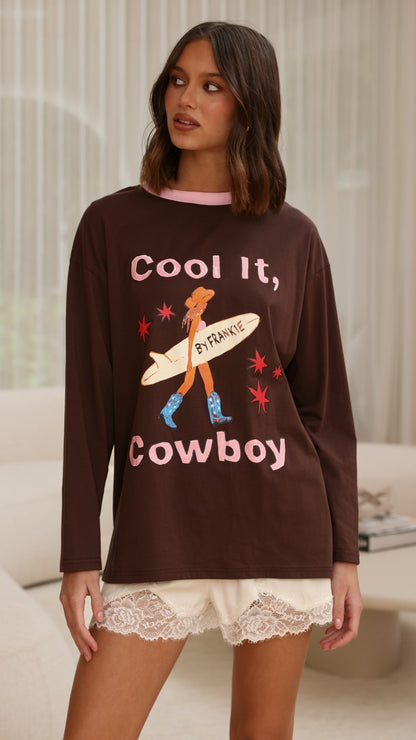 Cool It Cowboy Long Sleeve Top - Chocolate/Pink