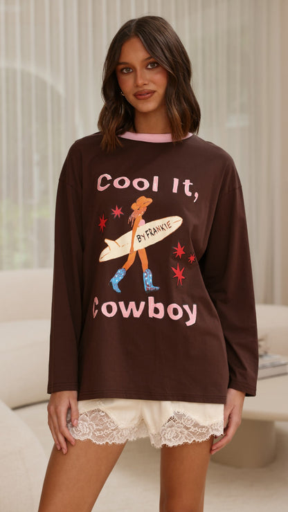 Cool It Cowboy Long Sleeve Top - Chocolate/Pink