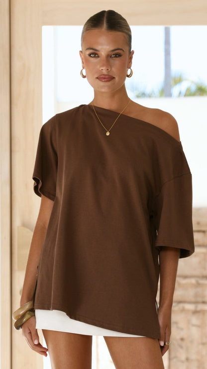 Pia One Shoulder Oversize Tee - Chocolate