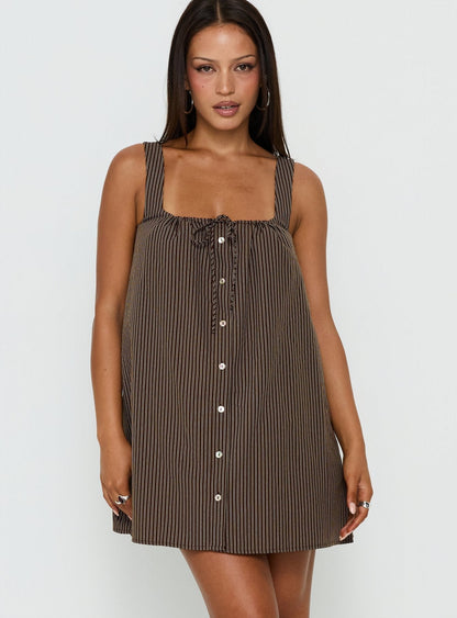 Bambalina Babydoll Mini Dress Brown Stripe
