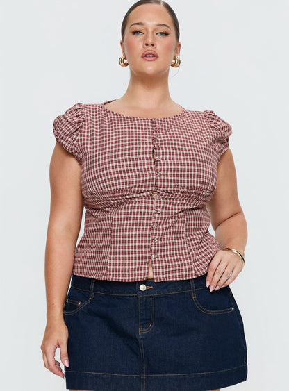 Alixandra Puff Sleeve Blouse Top Red Check Curve