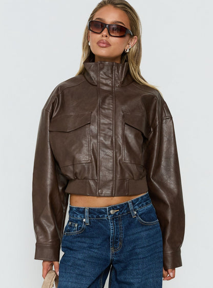Ace Player Funnel Neck Faux Leather Jacket Brown
