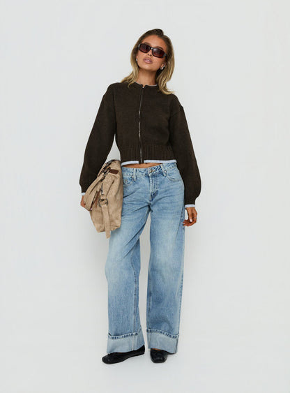 Amandi Zip Through Knit Jumper Chocolate / Blue