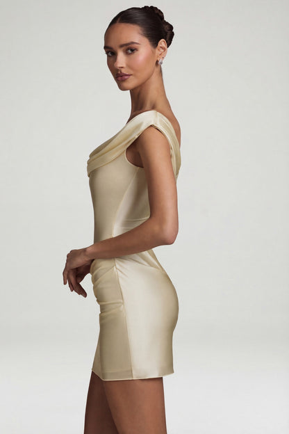 Satin Off-Shoulder Draped Mini Dress in Pearl
