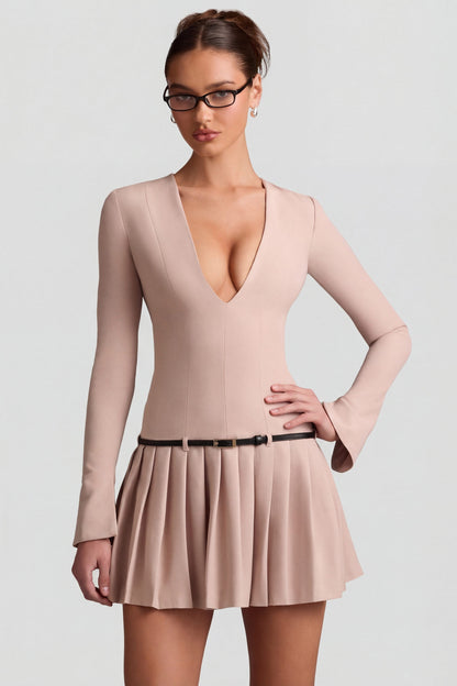 Long-Sleeve Pleated Mini Dress in Mushroom