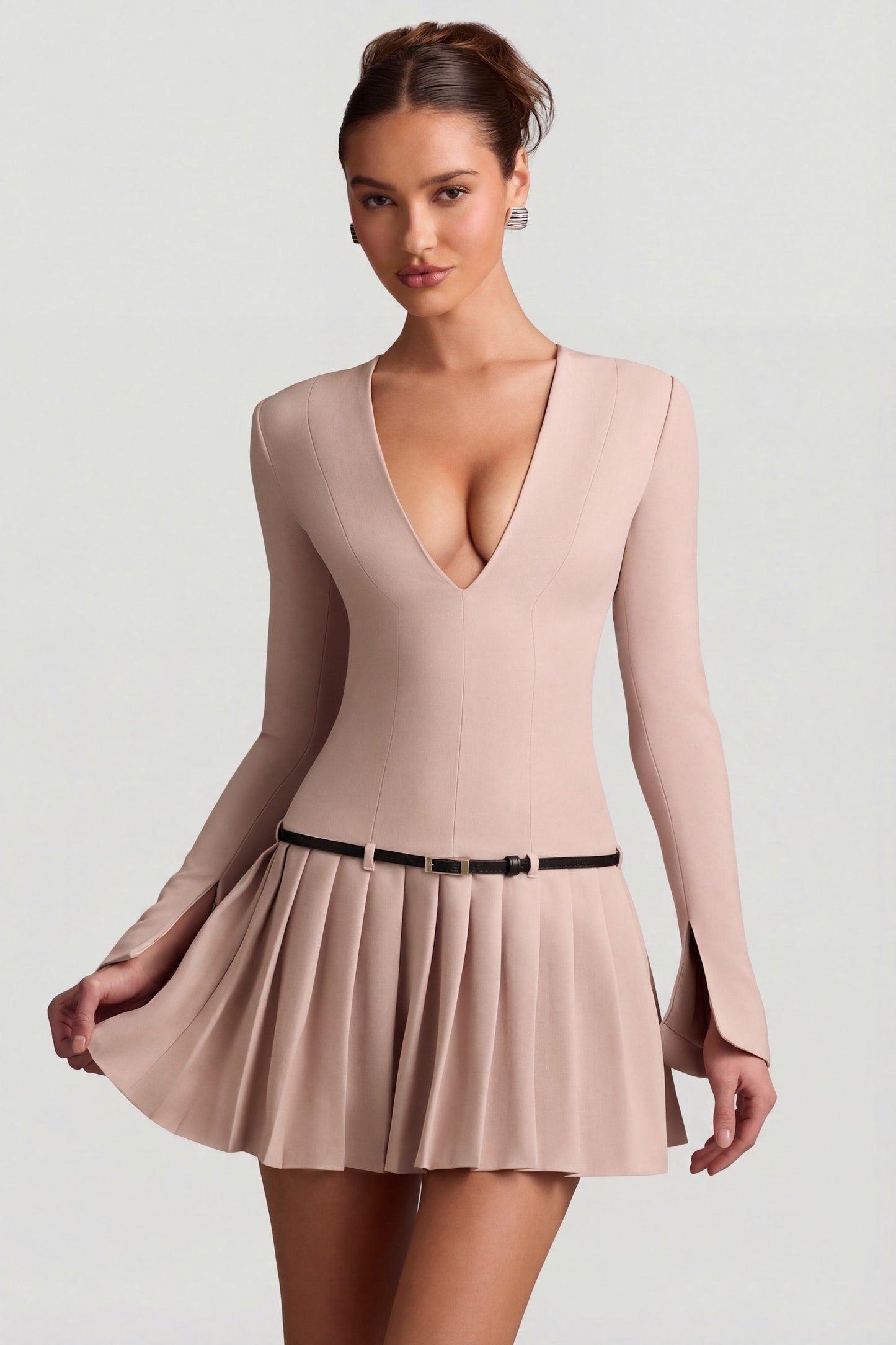 Long-Sleeve Pleated Mini Dress in Mushroom