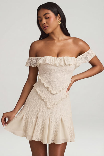 Off-Shoulder Lace A-Line Mini Dress in Ivory