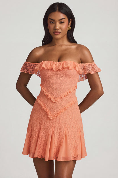 Off-Shoulder Lace A-Line Mini Dress in Peach