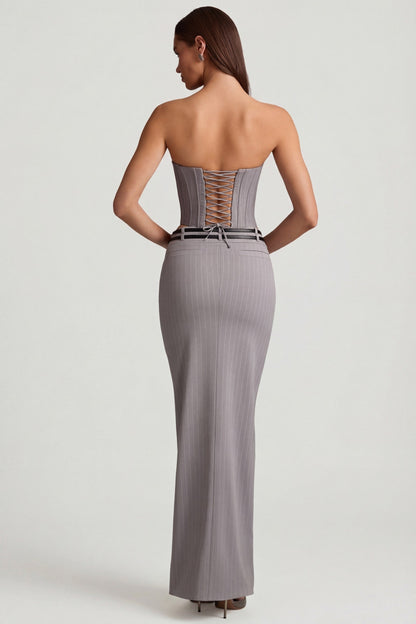 Pinstripe Low-Rise Maxi Skirt in Grey