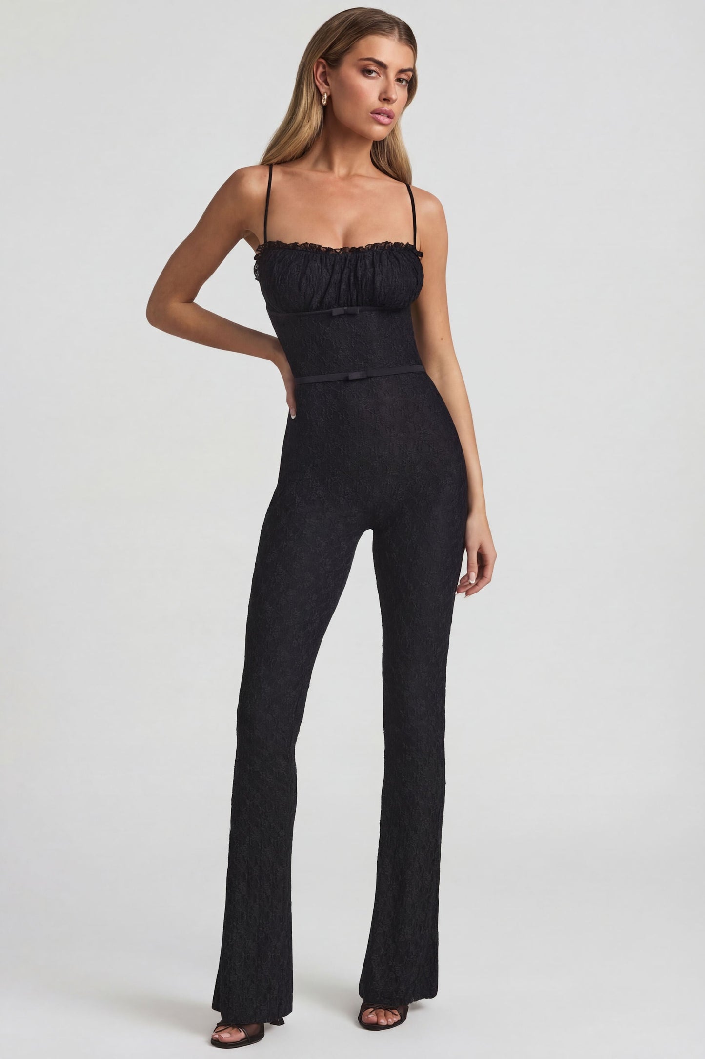 Bow-Detail Lace Flared Jumpsuit in Black